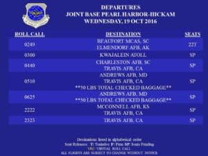 A flight schedule from JB Pearl Harbor-Hickam passenger terminal Facebook pages