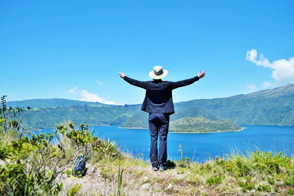 Picture of Stephanie standing in front of Laguna Cuicocha