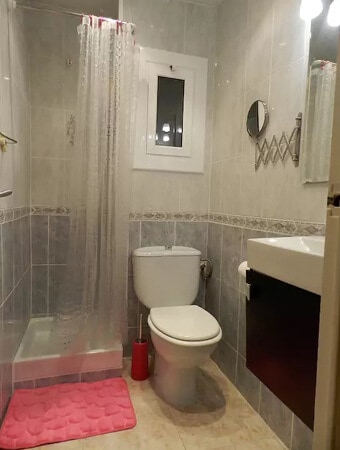 The bathroom of our short-term apartment rental on Airbnb near Barcelona