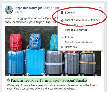 Screenshot showing how to save or follow a Facebook post