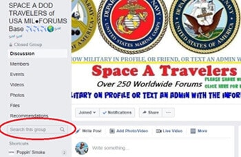 Screenshot of showing the search box in one of the Space-A Facebook groups