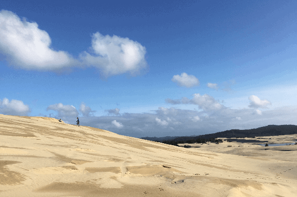 Photo of sand dunes with people climbing in the distance