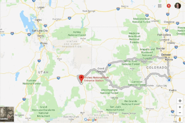 Picture of map between Colorado Springs and Arches National Park
