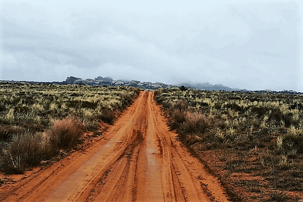 Picture of a long stretch of flat dirt road in Arches National Park