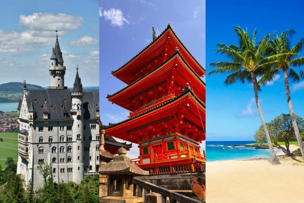 three photos of a patriot express destinations - a castle in germany, a temple in japan and palm trees in hawaii