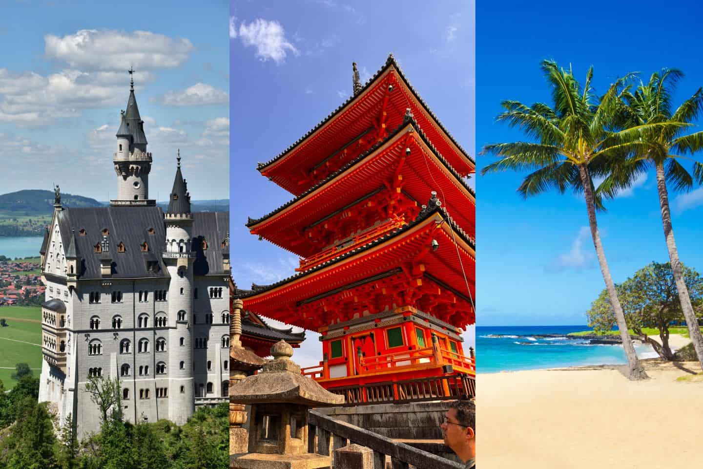three photos of a patriot express destinations - a castle in germany, a temple in japan and palm trees in hawaii