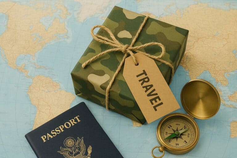 a small present wrapped in camouflage paper next to a compass and passport on top of a map