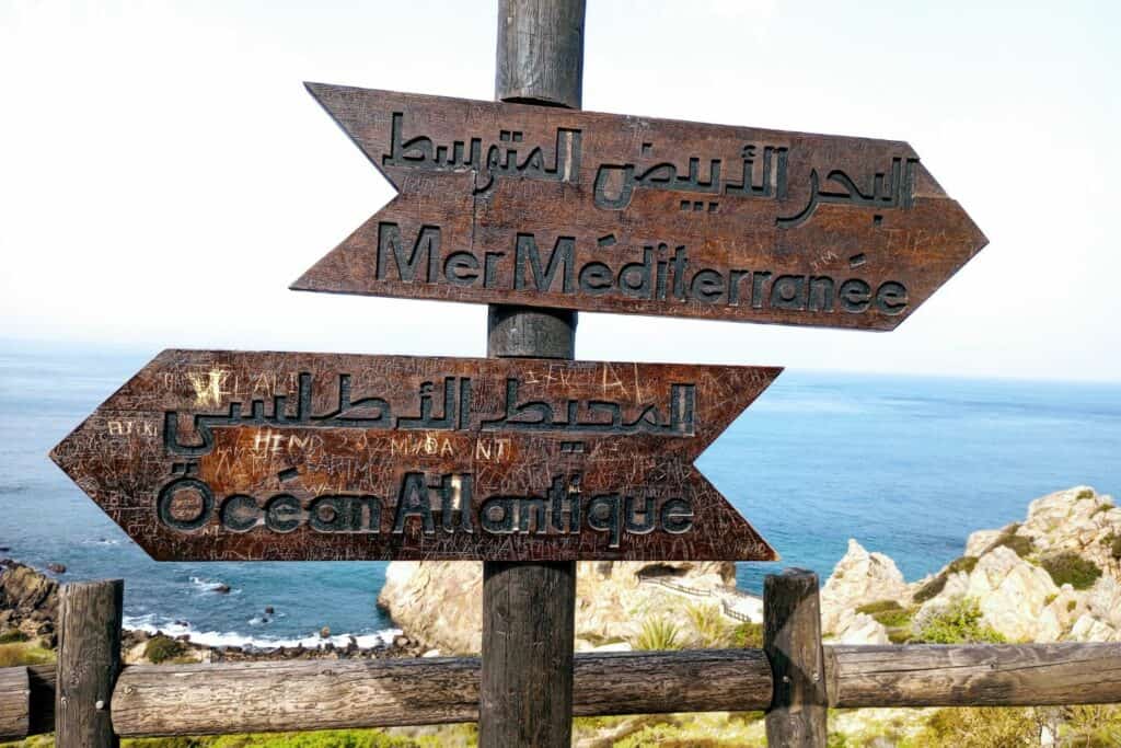 A sign designating the point where the Atlantic Ocean meets the Mediterranean Sea