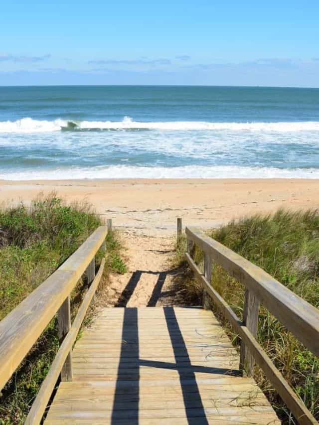 A wooden boardwalk leading to a beach