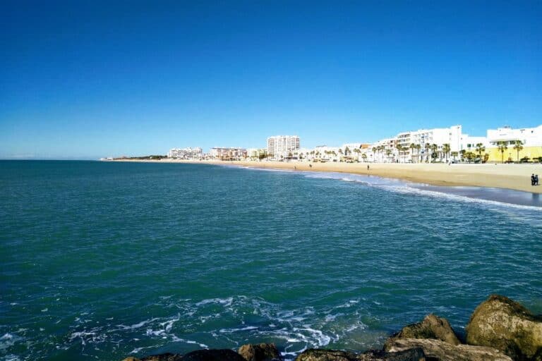 White buildings along a beach