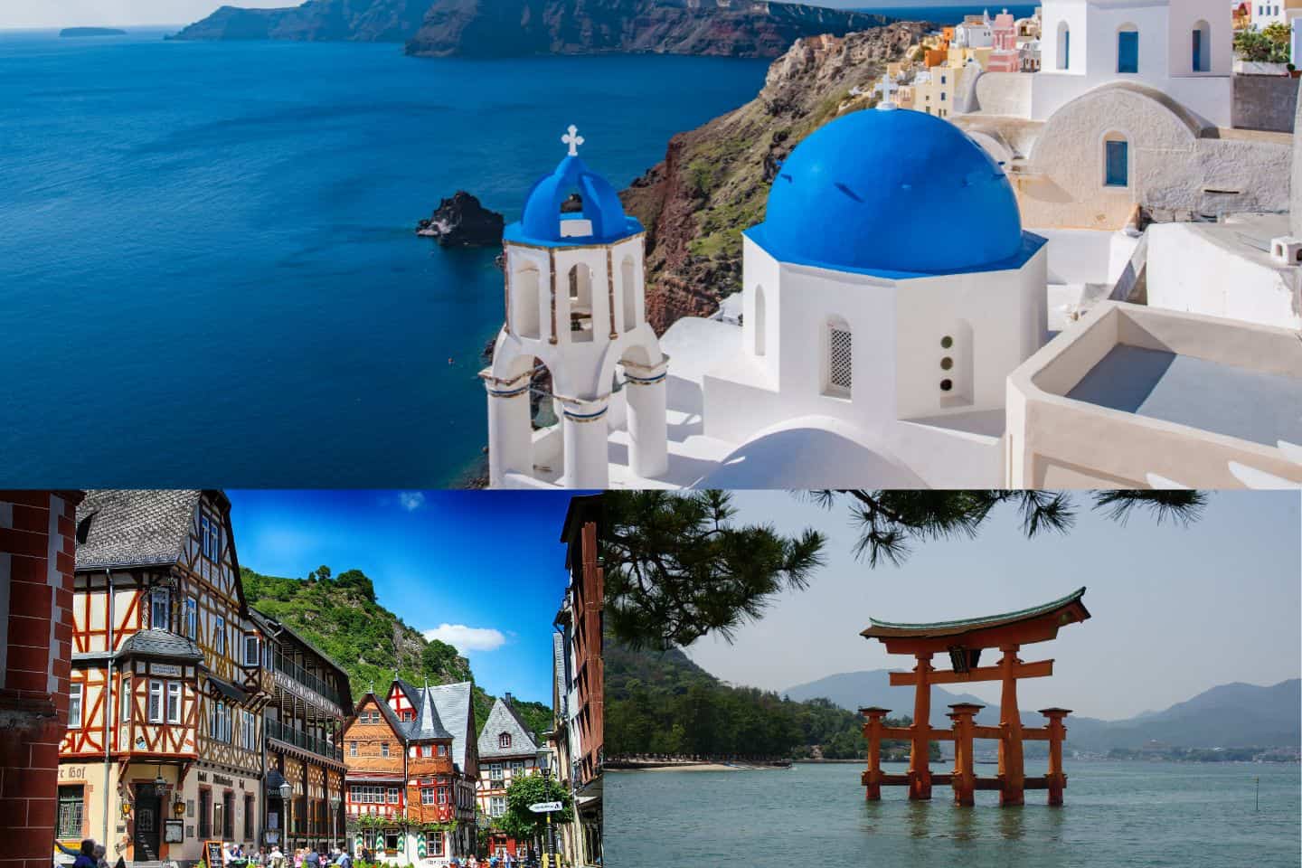 Patriot Express destinations: blue-roofed buildings on the Mediterranean, a traditional German village, and a shrine in Japan