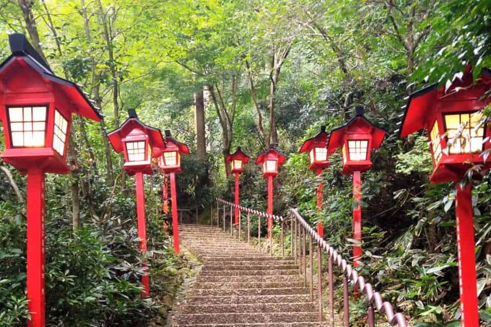 Red Japanese lanterns lining a stairway