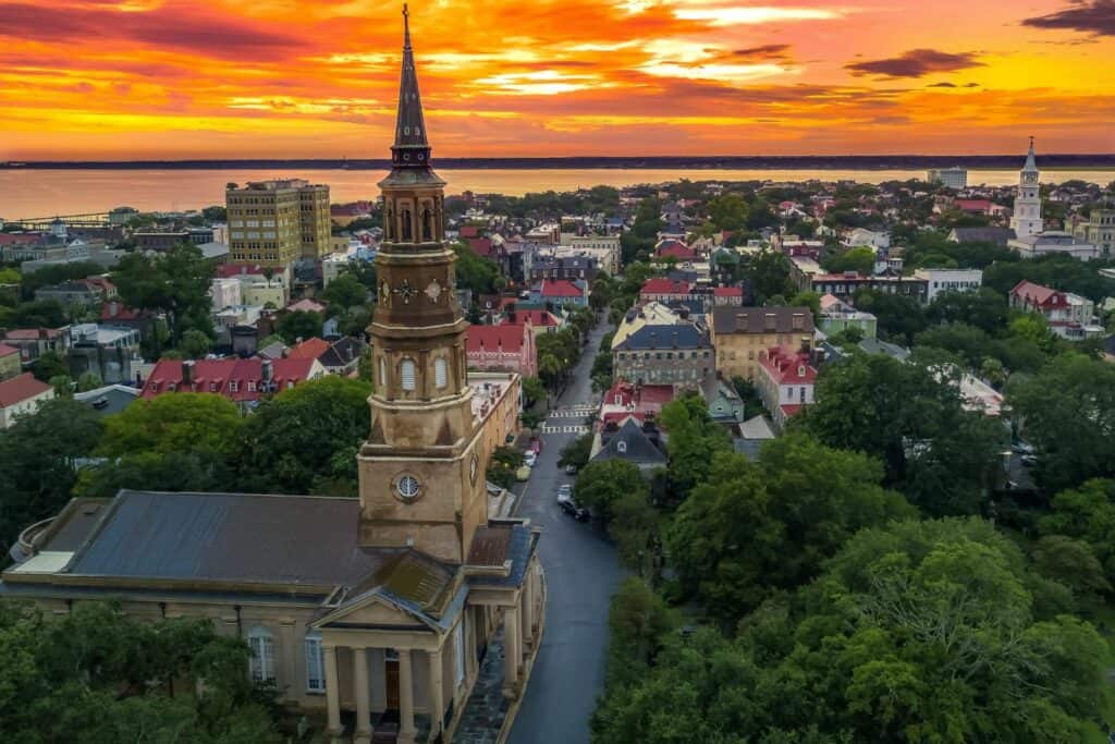 Birdseye view of the Charleston skyline at sunset