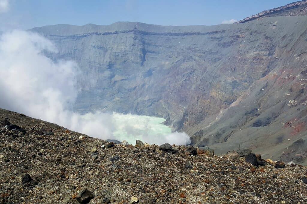 The crater of an active volcano