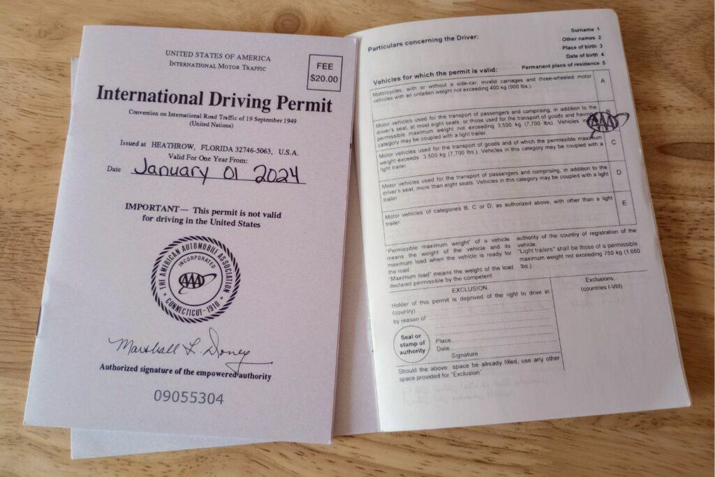 The outside and one inside page of an international drivers permit