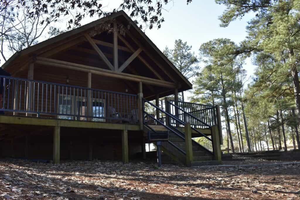 A large wood cabin in the woods