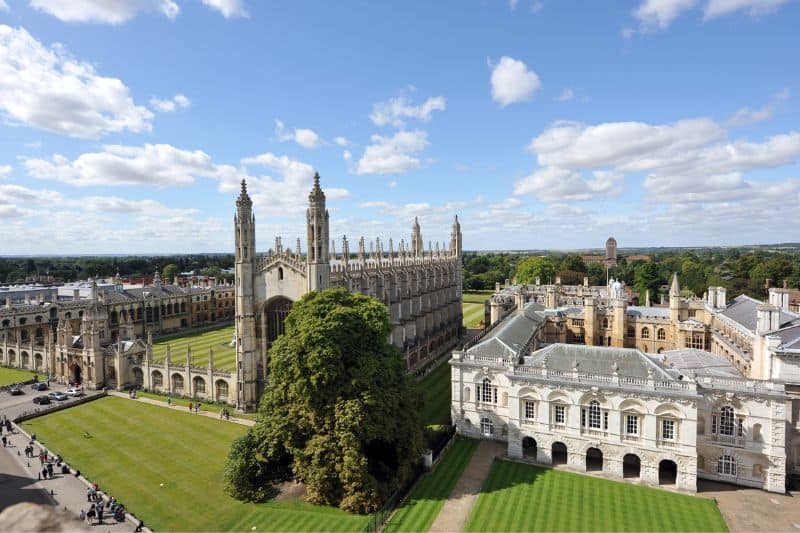 A large chapel surrounded by other Gothic English style buildings