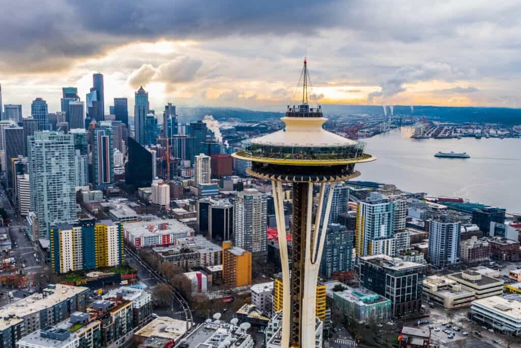 The Seattle skyline with the iconic Space Needle in the center.