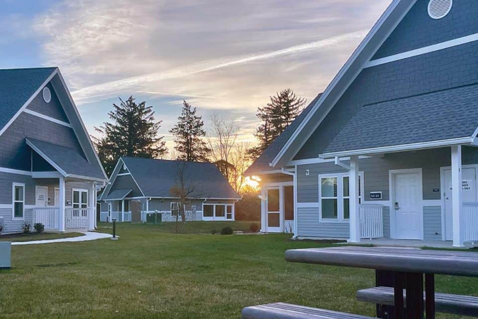 Blue cottages with white trim