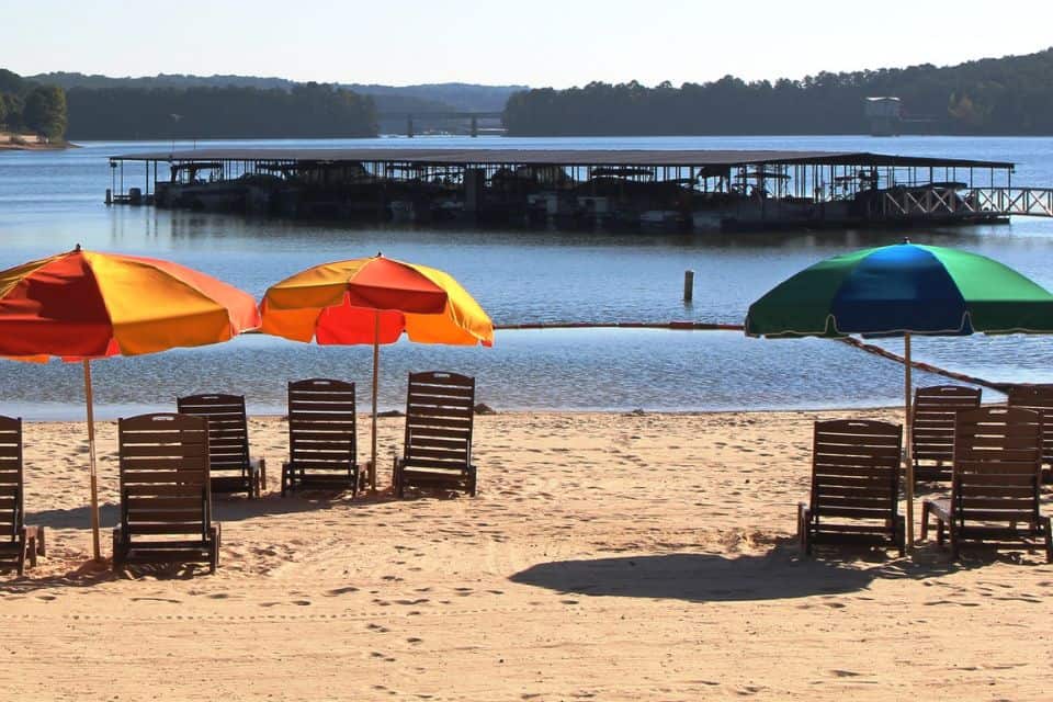 Colorful umbrellas and chairs on the beach