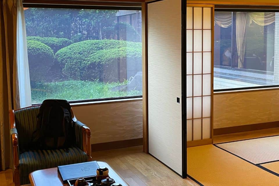 A Japanese style hotel room with tatami mats