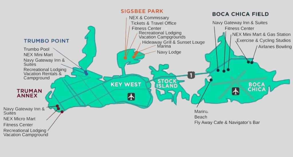 a map labeling the facilities on each of the nas key west installations