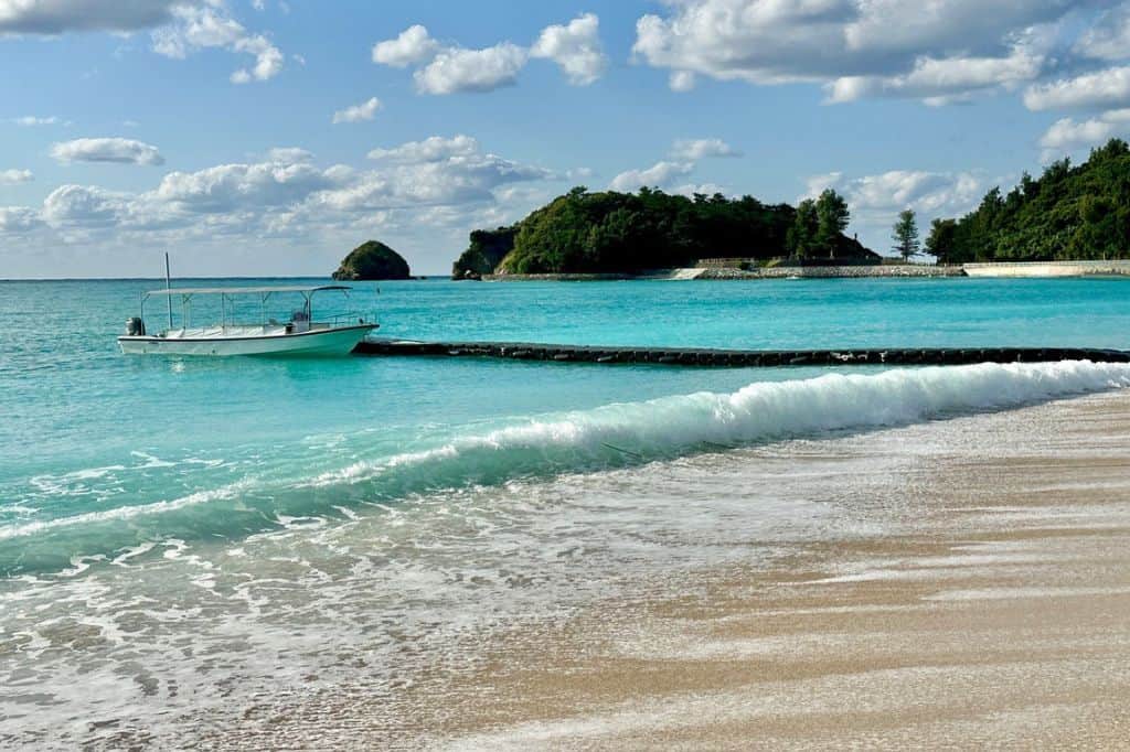 A pontoon boat floating just off the shore near a beach.