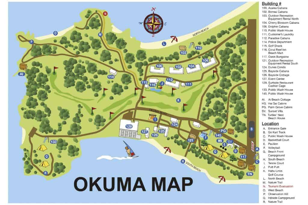 A map showing the location of the buildings on Okuma Beach