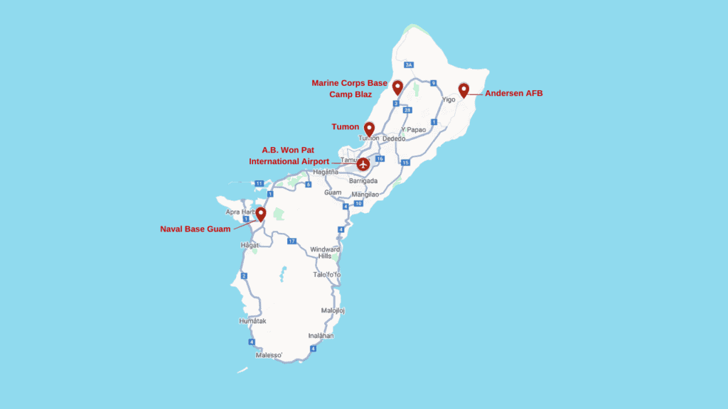 A map of Guam with the US military bases, airport, and Tumon labeled
