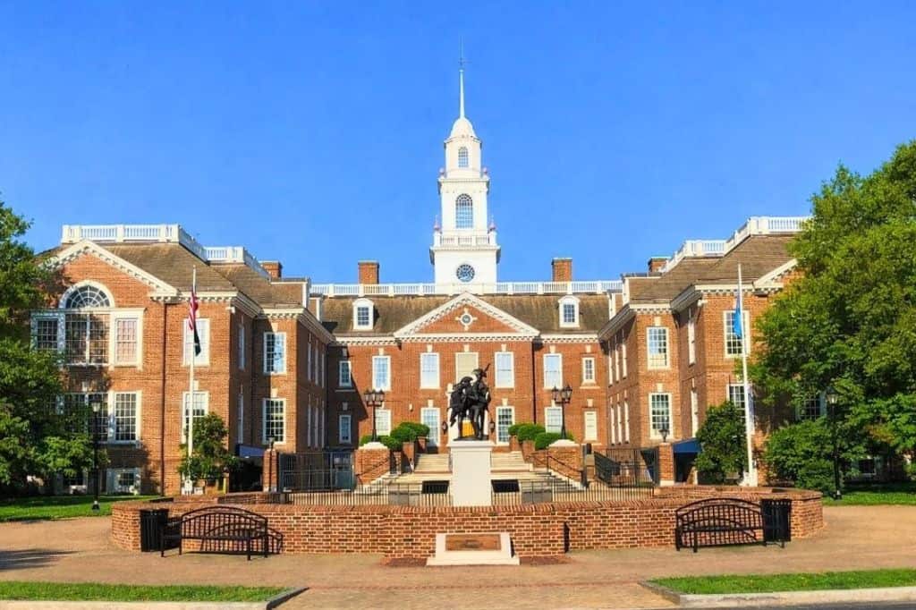 Front view of Delaware Legislative Hall, the state capitol building in Dover, Delaware.