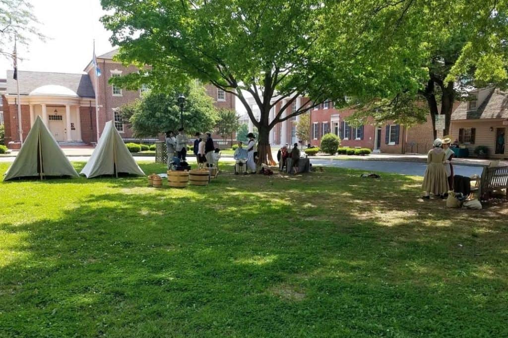 Colonial reenactors gathered on Dover Green in historic downtown Dover, Delaware.