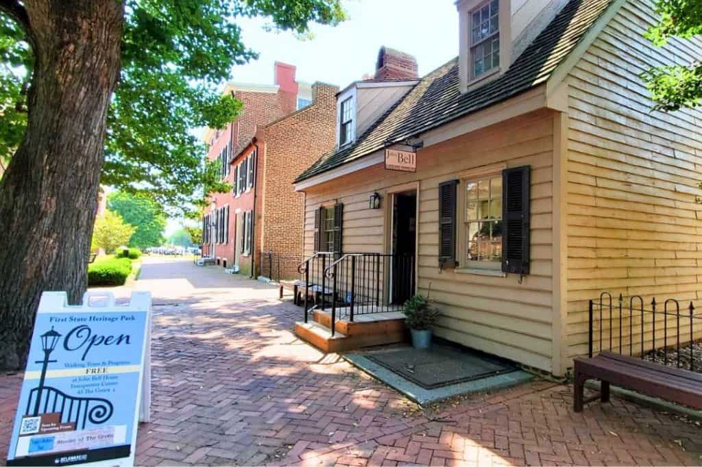 John Bell House and brick walkway at First State Heritage Park in downtown Dover, Delaware.