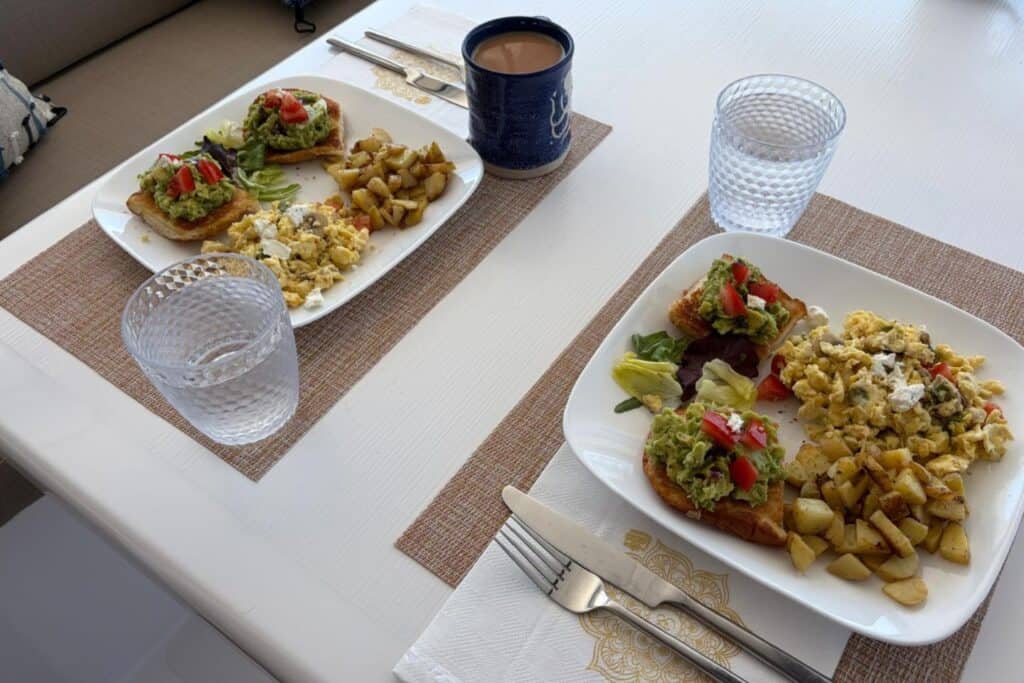 Breakfast plates served aboard a catamaran