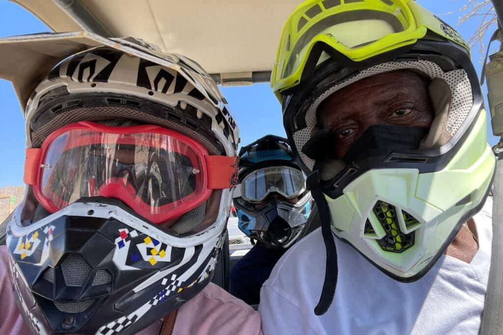 bill and linda wearing full helmets and goggles