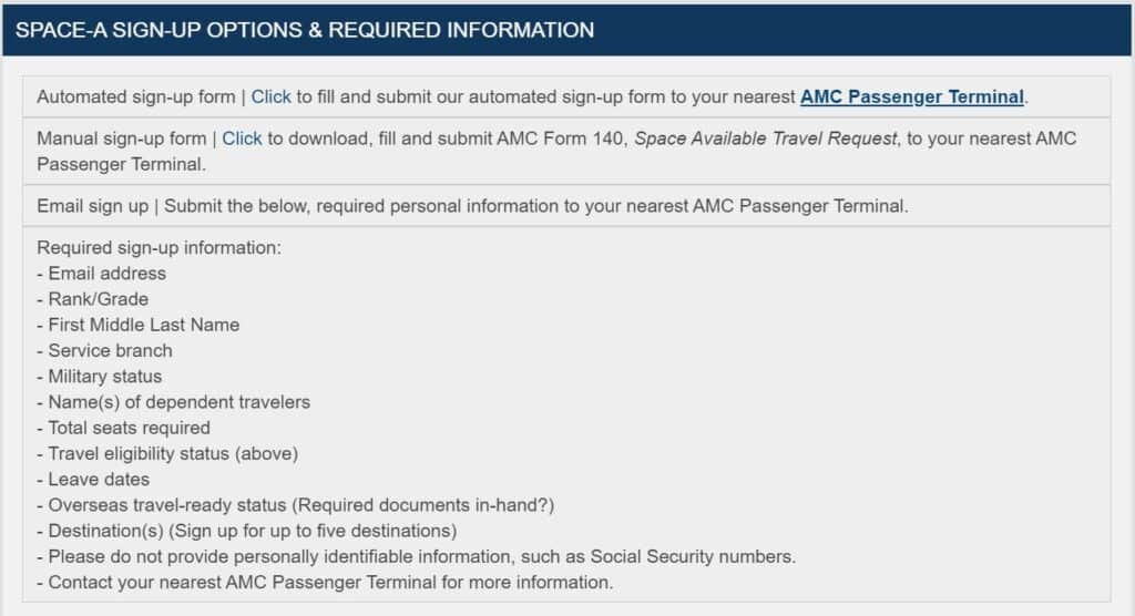 Screenshot of Space-A travel signup information on the AMC website
