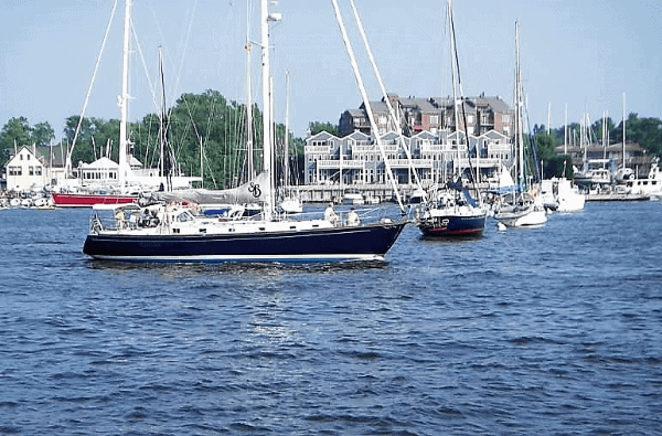 Boats in the harbor with Annapolis in the background