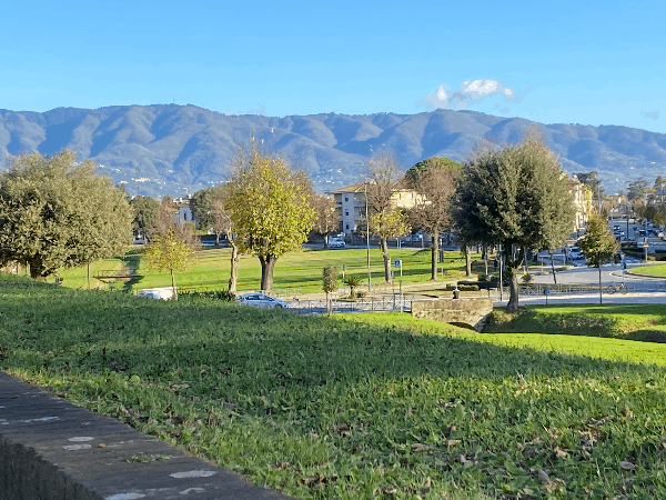 The Apuane Alpi - mountains in view from the wall surrounding Lucca