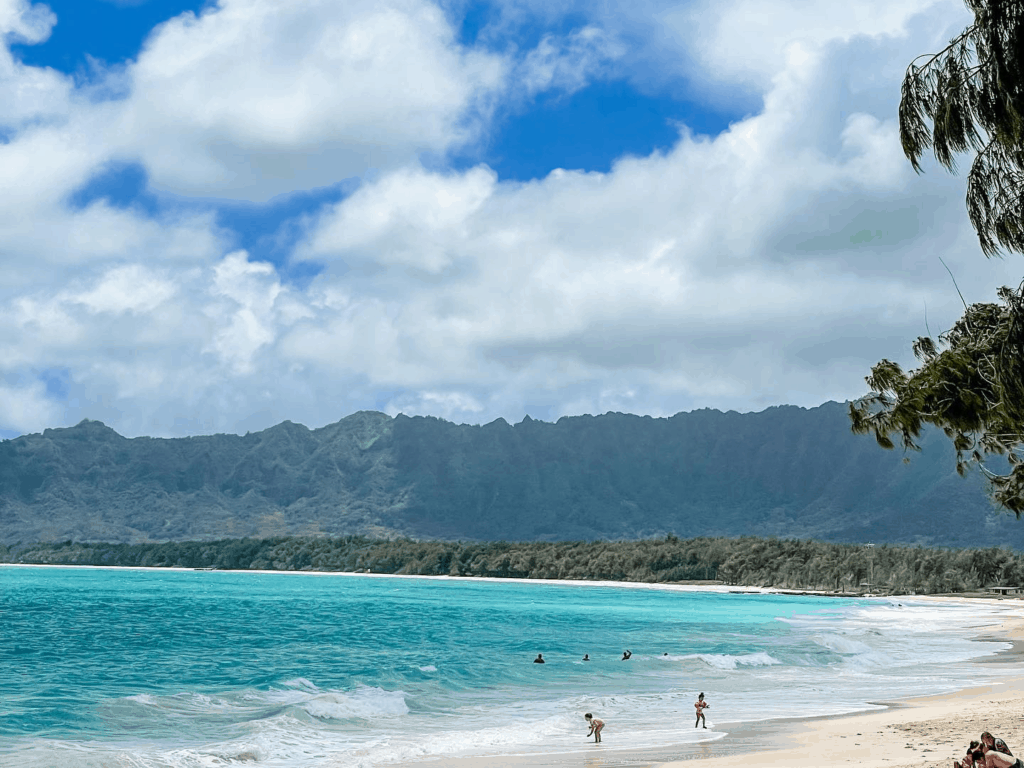 A beach with turquoise water surrounded by mountains