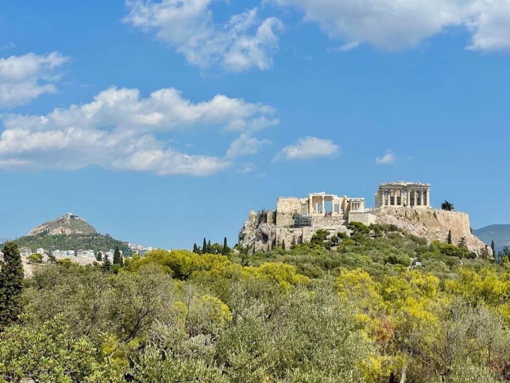 View of the Acropolis in the distance with hills and wildflowers in the foreground