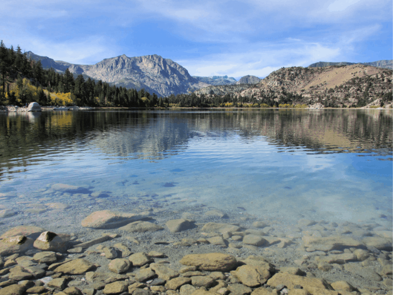 A clear, calm lake in the mountains