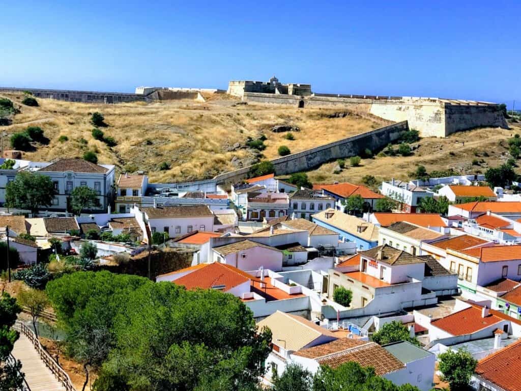 Birdseye view of rooftops and a castle in the distance