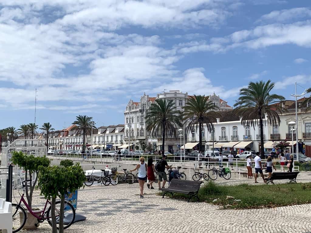 A row of white buildings with palm trees in front