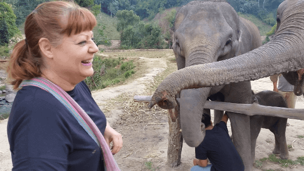 Lisa laughing as an elephant reaches out its trunk