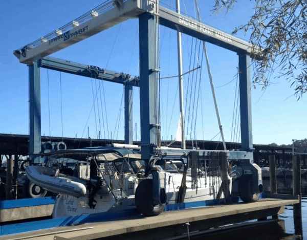 The boat being hauled out of the water