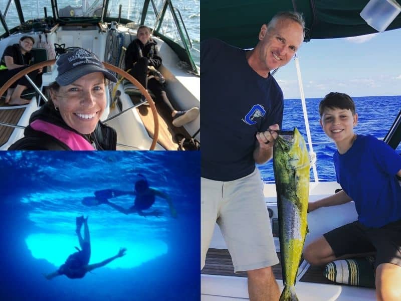 Collage of images of a sailing family aboard their boat and the kids snorkeling