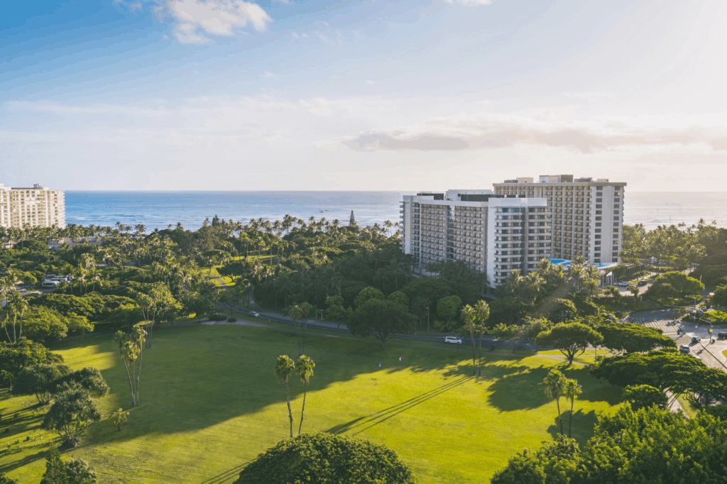 View from above of a high rise hotel on the ocean