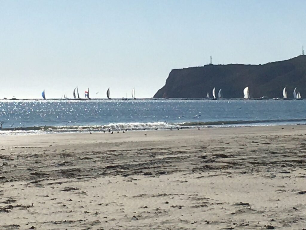 A beach with sailboats in the distance