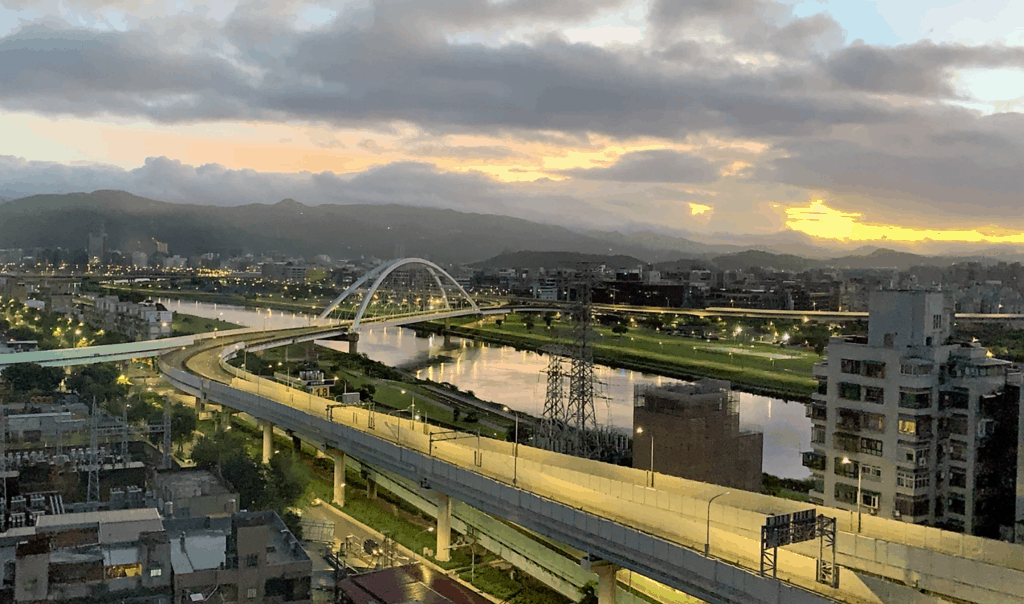 An urban scene at dusk