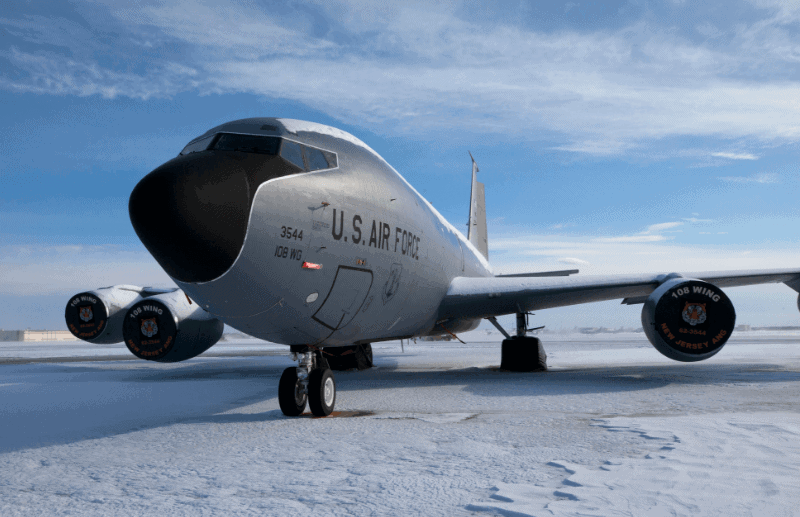 An Air Force plane on a snowy runway