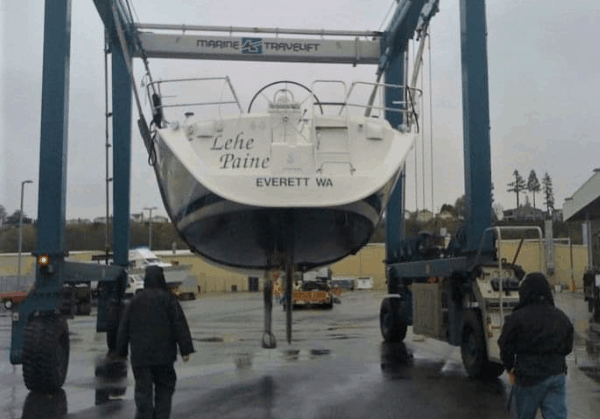 The Lehe Paine out of the water, read to be shipped over land to Maryland.